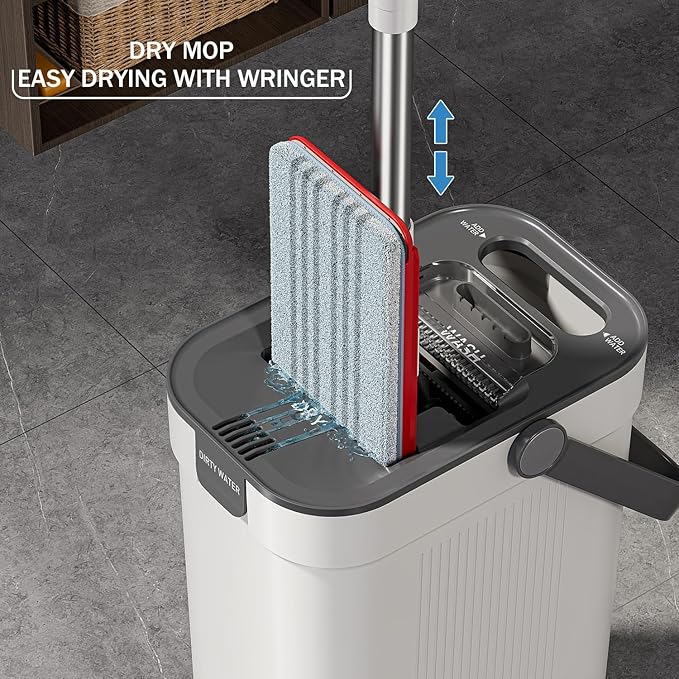 Mop and Bucket Set Flat Mop and Bucket System with Separate Dirty and Clean Water 3-Compartment Wall Cleaner Mop Flat Mops for Floor Cleaning with 8 Microfiber Pads