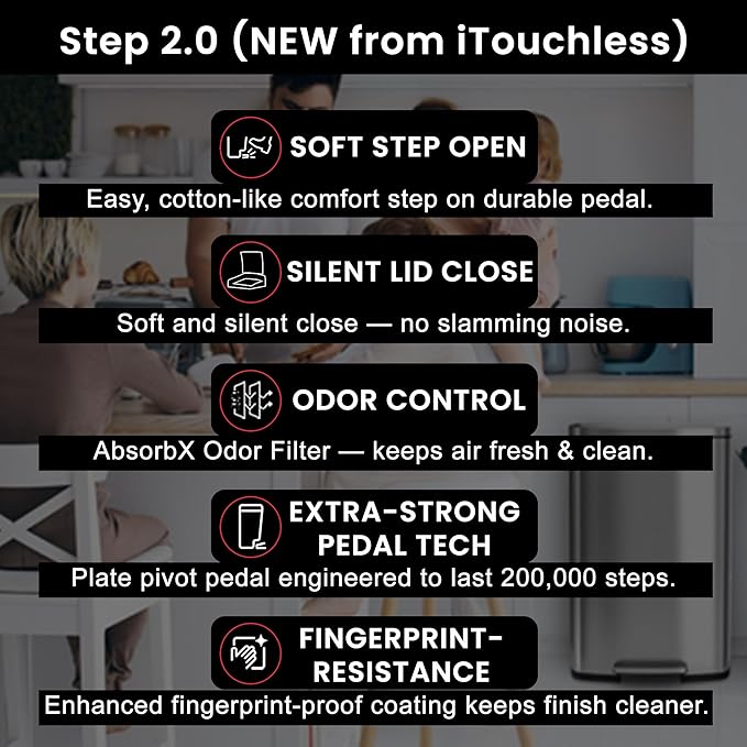 iTouchless Step 2.0 Technology SoftStep Combo Trash Can Set 13.2 &amp 1.32 Gallon Stainless Steel Bins with AbsorbX Odor Filters and Inner Buckets for Kitchen Bathroom Home Office Store Garage Schoo