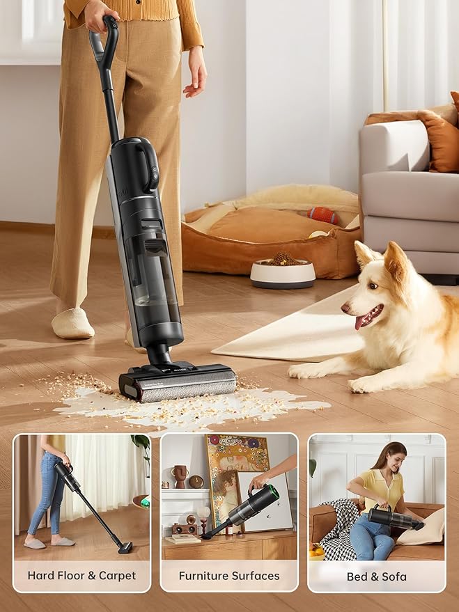DREAME H12 Dual Vacuum Mop 4-in-1 Cordless Vacuum Mop Combo Wet Dry Vacuum Cleaner for Hard Floor Cordless Vacuum for Multi-Surface One-Step Self Cleaning with Hot Air Drying Black