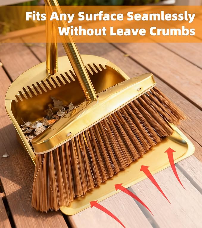 Gold Stainless Steel Broom and Dustpan Set 2-Piece Long Handle Standing Pan with Comb Teeth Heavy Duty Windproof Upright Design for Home Kitchen Indoor Outdoor Use