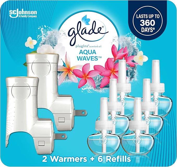 Glade PlugIns Refills Air Freshener Starter Kit Scented and Essential Oils for Home and Bathroom Aqua Waves 4.02 Fl Oz 2 Warmers + 6 Refills