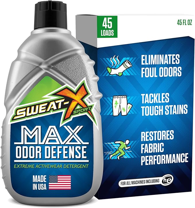 SWEAT X Max Odor Defense Laundry Detergent Liquid - Natural Washing Detergent for Activewear &amp Gym Clothes - Laundry Detergent for Sensitive Skin - Concentrated Detergent 45 Loads (1 Bottle)