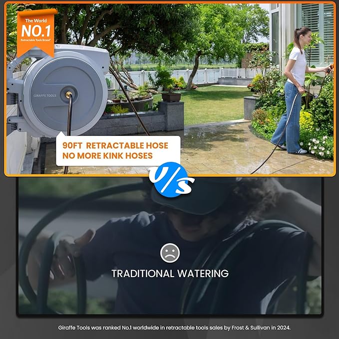 Giraffe Tools Retractable Garden Hose Reel 5/8 in x 90 ft Heavy Duty Hose Reel With 9 Pattern Nozzle Any Length Lock Wall Mount Water Hose Reel 180°Swivel Light Grey