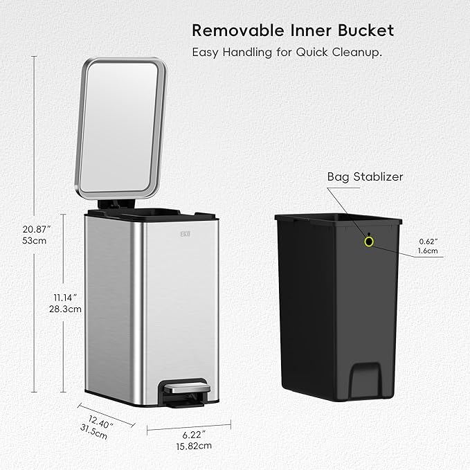 EKO Small Bathroom Trash Can with Lid Soft Close Step Pedal 6 Liter / 1.6 Gallon Stainless Steel Garbage Can with Removable Inner Bucket Anti-Fingerprint Finish (Silver)