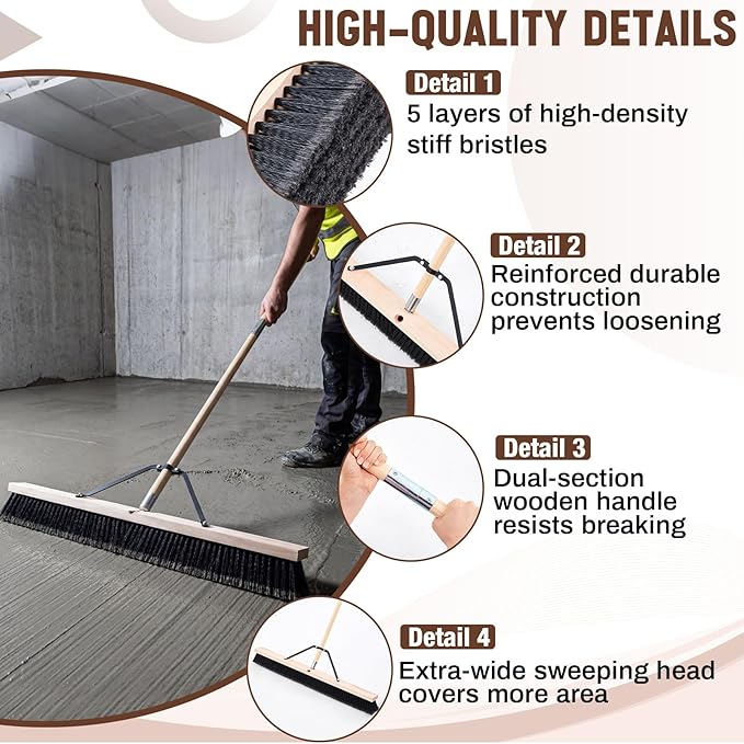 36 Inch Push Broom Indoor Outdoor Use Heavy Duty Floor Sweep Brush with 60 Inch Wood Handle Stiff Bristles for Concrete Garage Driveway Cleaning Snow Leaves Debris