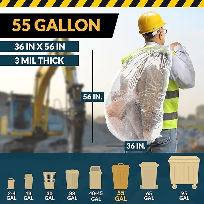 Reli. Contractor Garbage Bags 55 Gallon | 20 Trash Bags | Heavy Duty | Clear Contractor