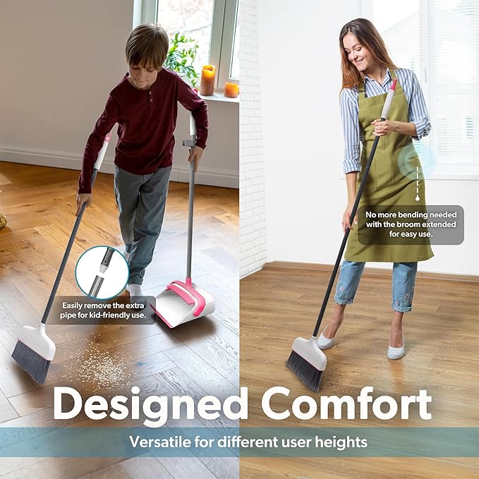 BLACK+DECKER Butler Broom &amp Dustpan Set - Stand-Up Design - Lightweight Space-Saving Combo for Kitchen Living Room Bathroom Lobby Floors - Home Cleaning Essential White/Pink