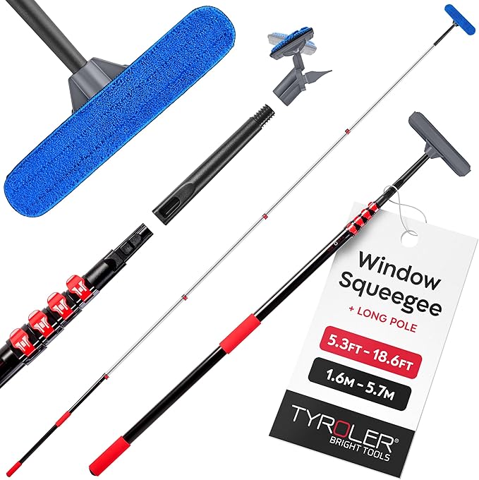 Tyroler Professional Window Squeegee with Extension Pole | 5.3-18.6ft Squeegee for Windows Cleaning | Outdoor Window Cleaner Tool Windows Washing Kit with Extension Pole | Window Cleaning Kit