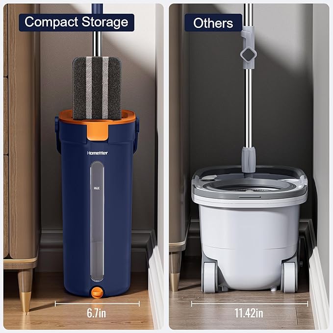 Mop and Bucket Set with Wringer 3-Tank Flat Mop and Bucket System Wall Mop Cleaner with Long Handle Hands Free Mops for Floor Cleaning with 4 Microfiber Pads