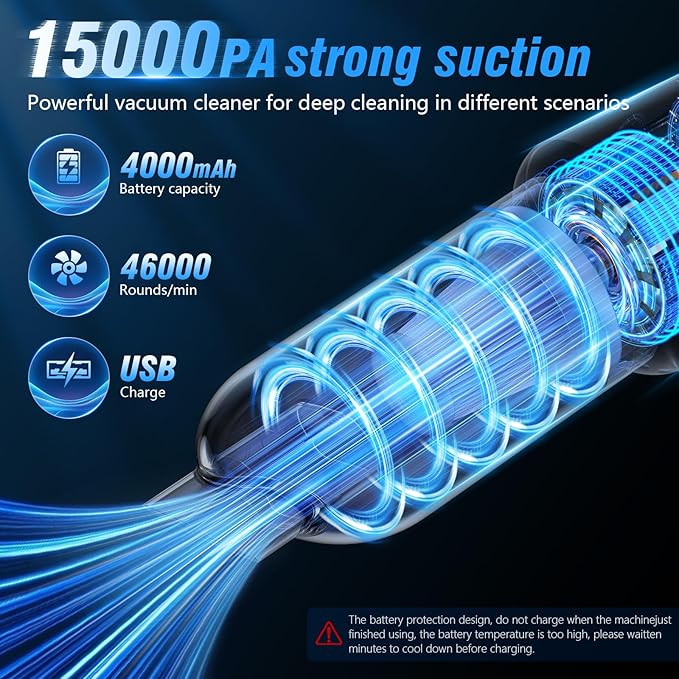 Handheld Car Vacuum Cleaner 12 Handheld Car Vacuum - 15000Pa Cordless Wet/Dry 120W High Power with Complete Accessory Kit for Cars Pet Hair Home &amp Office Black