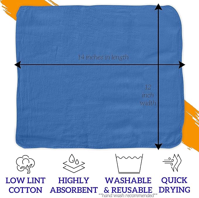 GREEN LIFESTYLE 100 Pack 12x14 Blue Shop Towel 100% Cotton Super Absorbent and Durable for Car Reusable