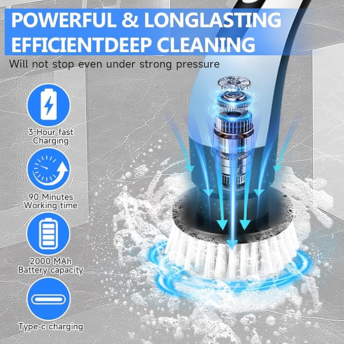 PUNOMO Electric Spin Scrubber 2026 Upgraded Cordless Cleaning Brush Bathroom Scrubber with 8 Replaceable Brush Heads Adjustable Long Handle Power Scrubber for Bathtub Shower Kitchen Floo