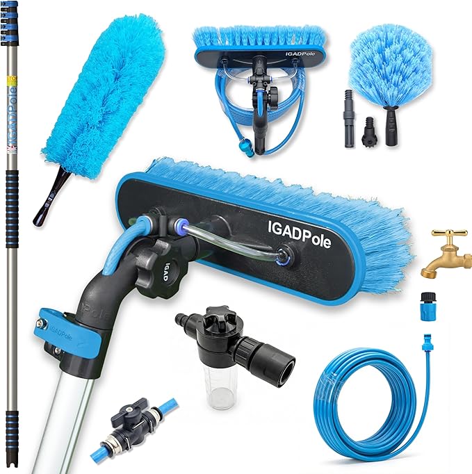 IGADPole 17 FT Water-Fed Cleaning Kit – Extendable Telescopic Pole with Soap-Dispenser Brush &amp Cobweb Duster Adjustable 5-17 FT Handle for Safe High Window Gutter Solar Panel &amp Exterior Cl