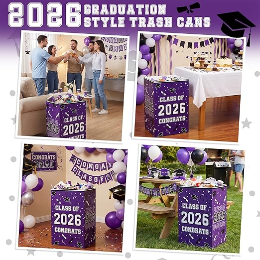 Tinlade 6 Pack 2026 Purple Graduation Decoration 13 Gallon Disposable Trash Cans Class of 2026 Party Garbage Bins Large Waterproof Foldable Recycle Pop up Bins for Graduation Party School