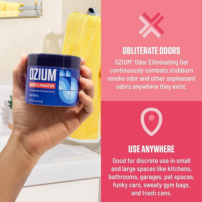 Ozium Odor Eliminating Gel - 4.5oz Air Freshener Alternative for Smoke Pets and Musty Odors - Long Lasting Odor Remover for Cars Homes Closets and Small Spaces - Wild Cherry