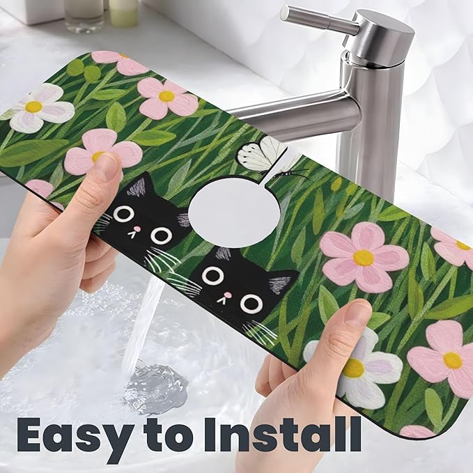 Pink Floral Cat Dish Drying Mat for Kitchen Counter 18x24 Microfiber Absorbent Fast Dry Mat 2Pcs Dish Mat Faucet Mats Sets Large Drying Kitchen Mat Kitchen Drying Pad Coffee Bar Decor Gifts