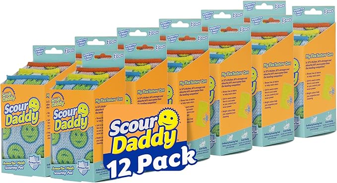 Scrub Daddy Scour Daddy Scouring Pad - Non Scratch Scouring Pad - Sponges for Dishes &amp Cleaning Supplies - Durable &amp Odor Resistant - 3 Count (12 Pack)
