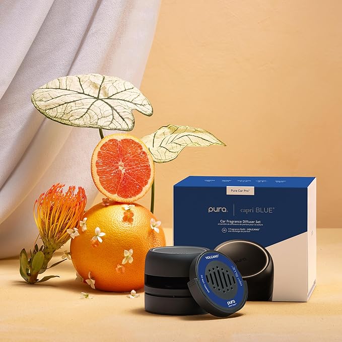 Capri Blue Volcano Pura Car Pro Diffuser Set - Includes Pura Car Pro Diffuser and Capri Blue Volcano Air Freshener Refills - Scented with Notes of Tropical Fruits &amp Sugared Citrus