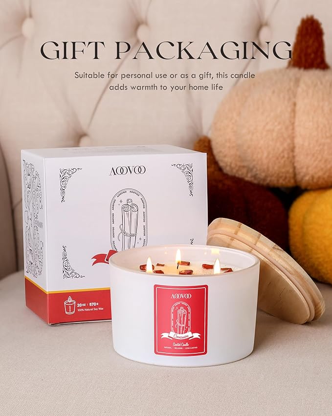 AOOVOO Apple Cinnamon Scented Candles for Women - 20oz 3 Wick Soy Candles for Home Scented Aromatherapy Candle with Crystals Inside Birthday Gifts Valentines Day Candle for Women Mom