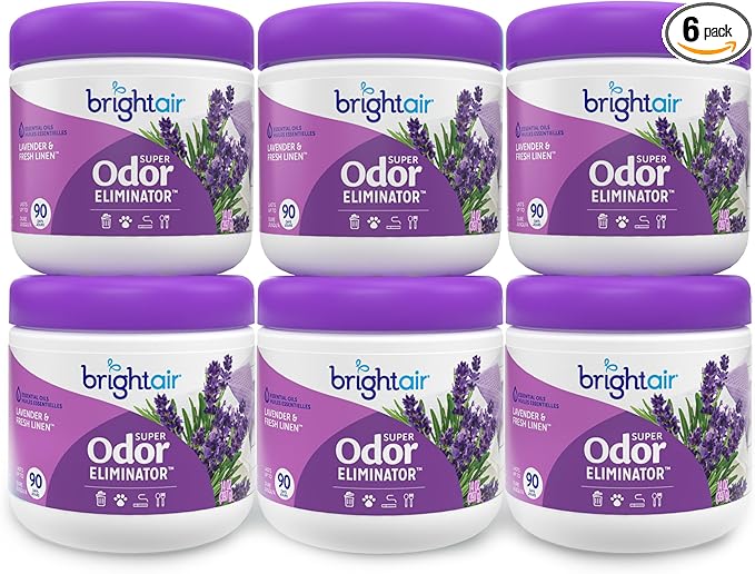 Bright Air 14 oz. Super Odor Eliminator For Medium-Size Spaces Lavender &amp Fresh Linen Scent Case of 6 Odor Eliminator &amp Air Freshener Natural Essential Oils Lasts Up to 90 Days Each