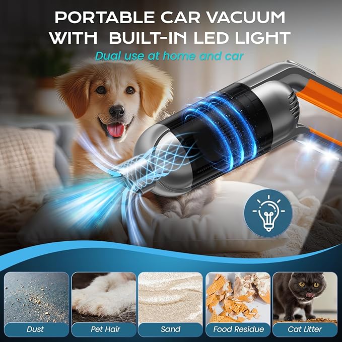 Handheld Vacuum Cordless Portable Car Vacuum with LED LightRechargeable Small Vacuum Cleaner with Powerful SuctionLightweight Vacuum Cleaner for Car Home Office Pet Hair (Orange)