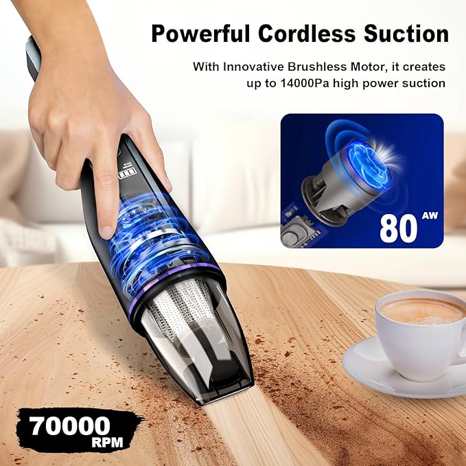 Handheld Vacuum Cleaner Car Vacuum with Brushless Motor &amp 14000Pa Powerful Suction1.2Lbs Lightweight LED Light Slim Mini Vacuum Cleaner for Car Home Office Pet Hair