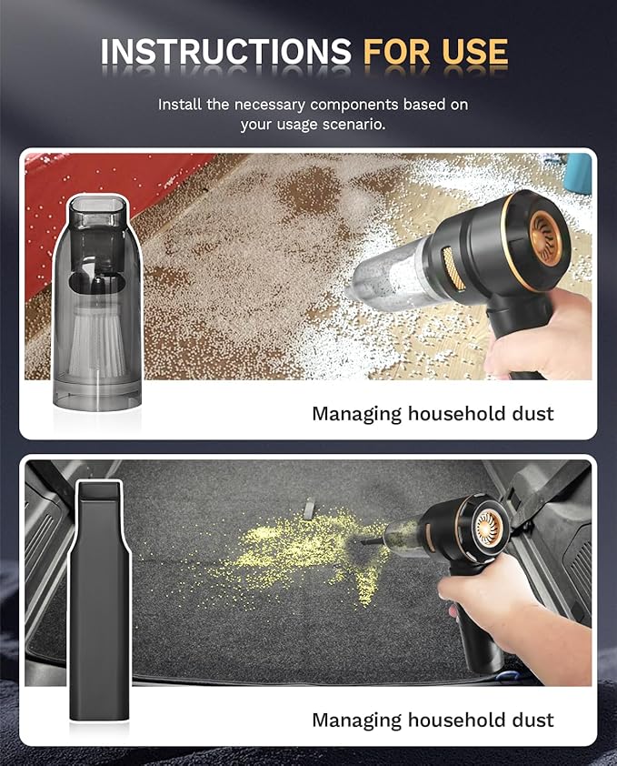 Baiwade Foldable Cordless Handheld Car Vacuum Cleaner 15000PA High Power 2-in-1 Mini Vacuum Duster &amp Inflator with 3-Speed Brushless Motor for Car Care Home Office Pet