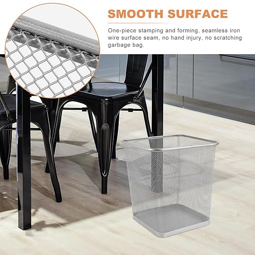 Metal Office Trash Can Small Square Silver Iron Mesh Waste Basket Bottom Paper Bin for Bathroom Bedroom Kitchen Living Storage