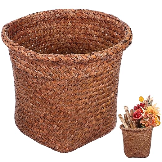 Cabilock Straw Woven Wastebasket 10.43 Inch Round Open Top Wicker Trash can Storage Bin for Bathroom Office Home Organization