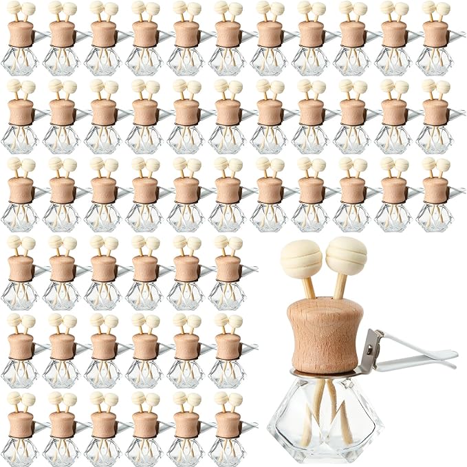 Zubebe 30 Pack 8 ml Diamond Essential Oil Diffuser Bottle Bulk Car Air Freshener Vent Clip Auto Perfume Vent Diffuser for Aromatherapy Fragrance Ornament Decor Glass Bottle with Wooden Caps Stick