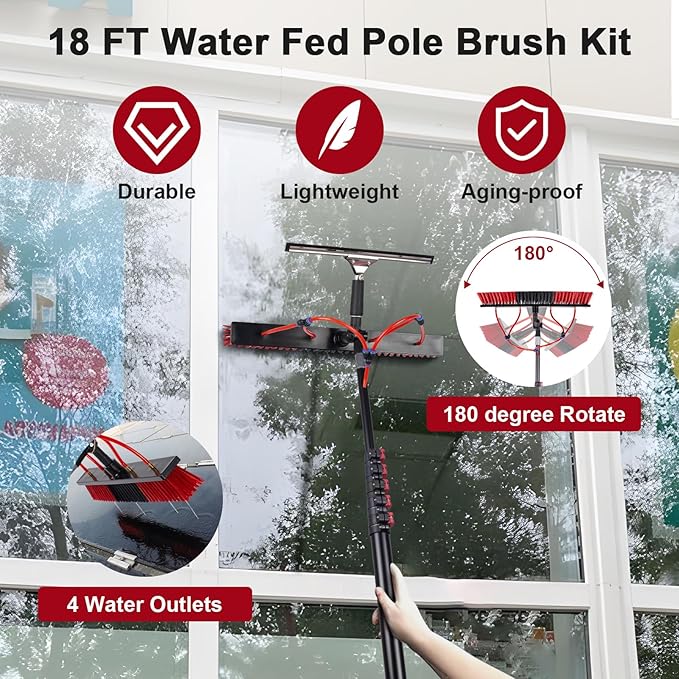18FT Solar Panel Cleaning Brush &amp Squeegee Kit Proffesional Window Washing Tool 22in Wide Brush &amp 2 Dusting Brush Water Fed Pole Extendable Telescopic Pole for Roof Mounted Solar Panels