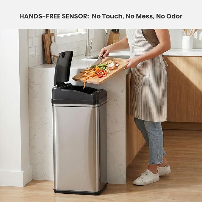 iTouchless 13 Gallon Dog Proof Trash Can with Odor Filter Motion Sensor Stainless Steel Kitchen Trashcan Garbage Bin for Home Office Bedroom Work Living Room Garage Large Capacity Slim Wastebasket
