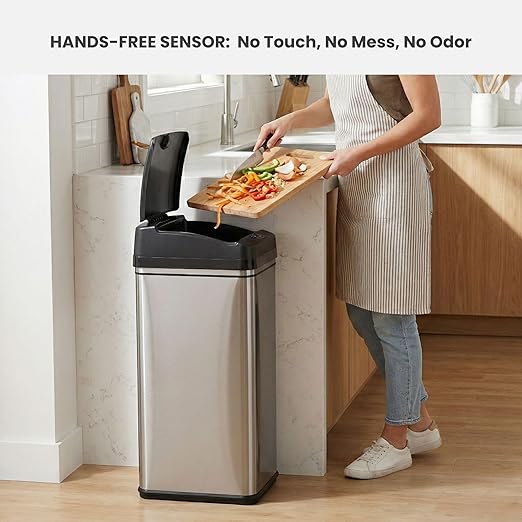 iTouchless 13 Gallon Automatic Sensor Kitchen Trash Can with AC Adapter Deodorizer and Trash Vinyl Sticker