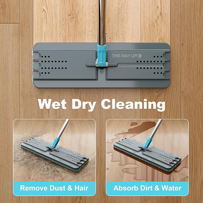 JOYMOOP Mop and Bucket Set with Wringer Mops for Floor Cleaning Wall Mop Cleaner with Long Handle with 4 Reusable Microfiber Mop Pads - Grey+Cyan Blue