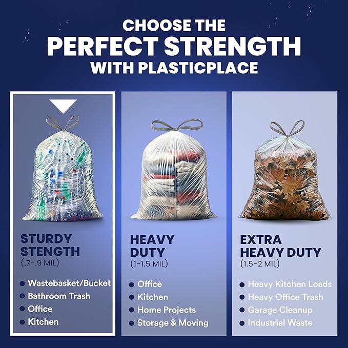 Plasticplace 32-33 Gallon Recycling Bags │ 0.9 Mil │ Clear Drawstring Garbage Can Liners │ 33 x 38 (100 Count)