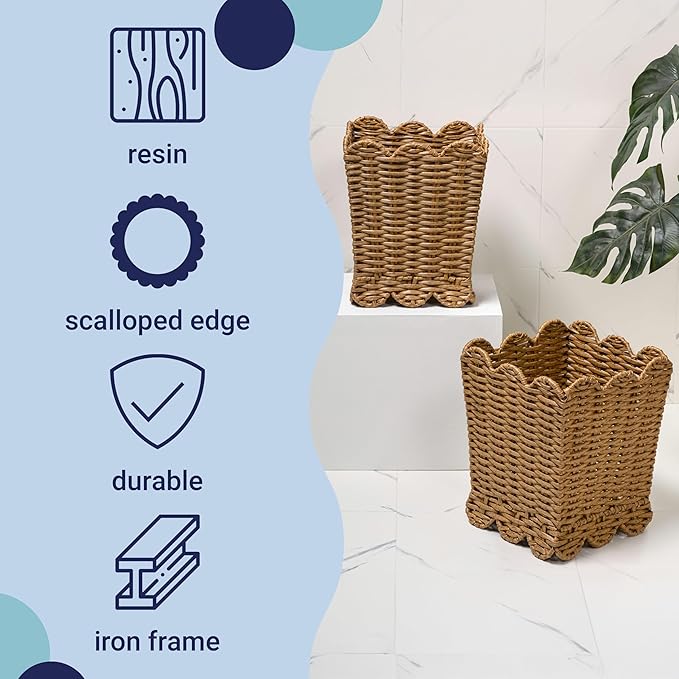 happimess HPM1409A-SET2 Silas Modern Farmhouse Resin 3.3-Gallon Tapered Square Wicker Watebasket with Scalloped Edge Natural (Set of 2)