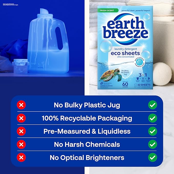 Earth Breeze Laundry Detergent Sheets Fresh Scent - 60 Loads per package. Eco Liquidless Soap - Travel-Friendly for Hot &amp Cold Cycles Tackles Tough Stains &amp Odors - Gentle on Skin 30 sheets