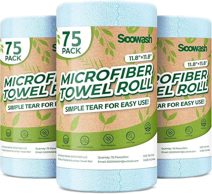 Microfiber Cleaning Cloths Roll 225 Pack Tear Away Microfiber Towels Roll 12 x 12 Lint Free Rags Reusable Cleaning Cloths Washable Scratch FreeUltra Absorbent Dish Rags(Blue)