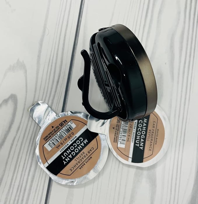 Bath and Body Works Leather Stitched Car Easy Open Fragrance Holder and Mahogany Coconut Disc Refills Set of 3