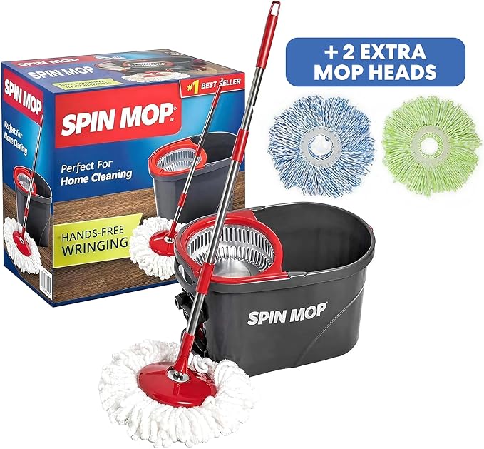 Simpli-Magic 79349 Spin Mop Cleaning System with 3 Microfiber Mop Heads Red/GRAYRed/Black