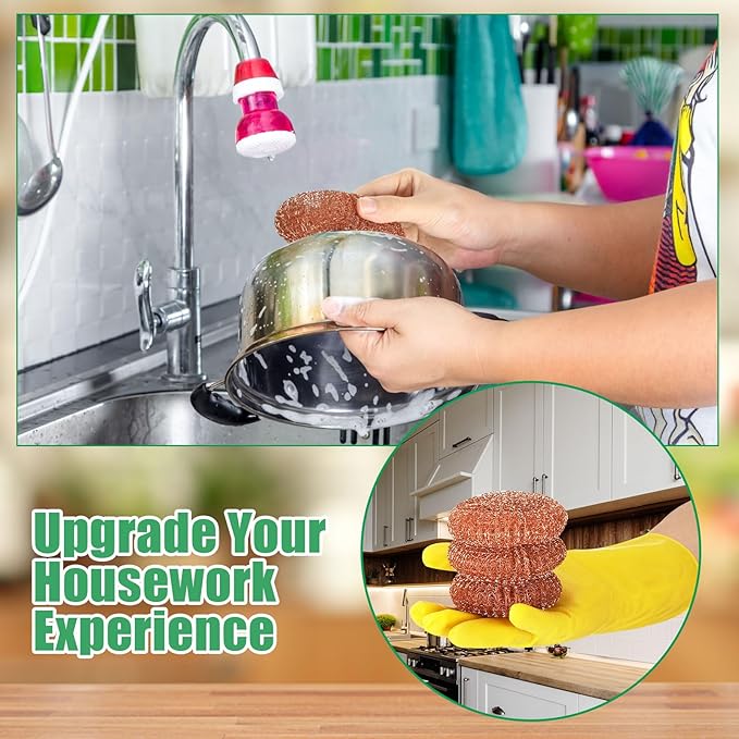 Hushee 50 Pack Copper Coated Scourers Rust Resistant Scrubbing Scouring Pad with 1 Pair of Rubber Household Cleaning Gloves Heavy Duty Copper Mesh Scourer for Dishes Pots Pans and Ovens