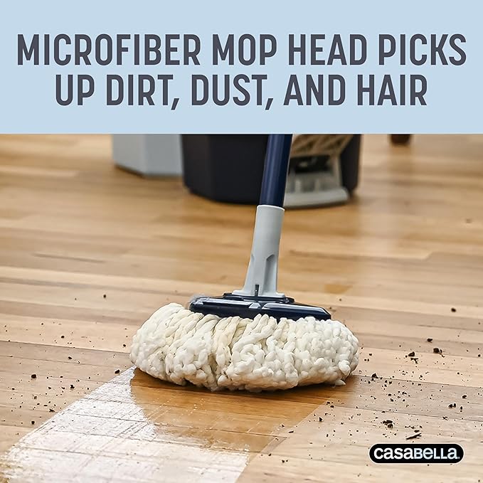 Casabella Spin Mop System with Extra Mop Head Refill - Two-Bucket Design with Splash Guard Built-in Measuring Cup and Scraper Tool with Easy Wring Pedal Spinner 1.25-Gallon Blue