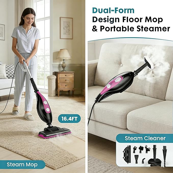 Simple Deluxe 10-in-1 Steam Mop 1550W Detachable Handheld Steam Cleaner with 16FT Cord &amp 2 Pads Multi-Surface Floor Steamer for Hardwood Tile Carpet Windows Pink