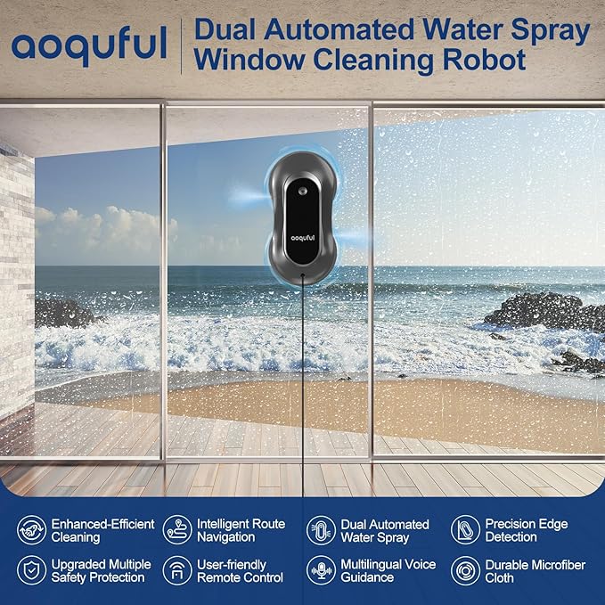 Intelligent Window Cleaning Robot - Electric Window Cleaner with Dual Water Spray Remote &amp App Control Suitable for Interior &amp Exterior Windows Includes 12 Cloths Grey