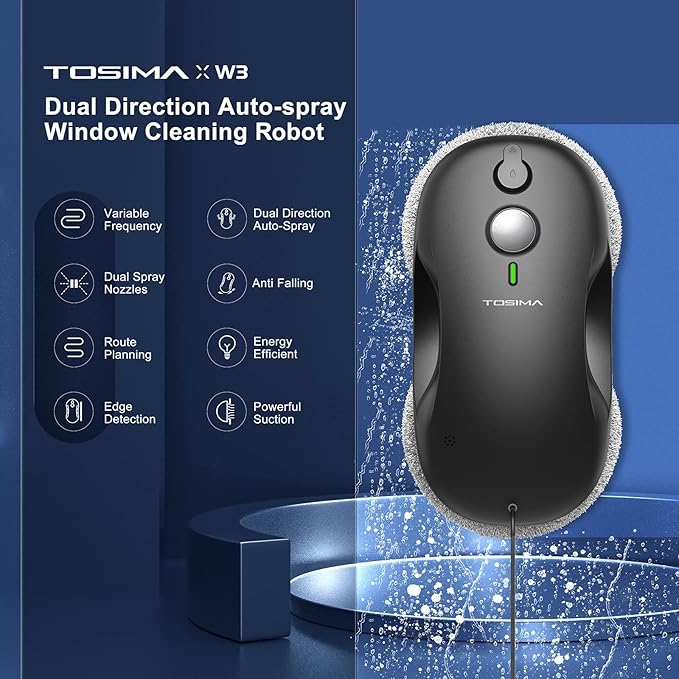 Tosima W3 Window Cleaning Robot - Dual Direction Auto-Spray Smart Window Cleaner with Triple Safety System Smart Navigation Remote Control for All Smooth Surfaces with 12 Rags Black
