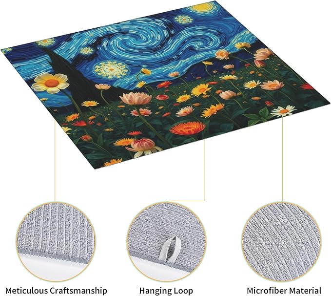 Starry Night Flowers Dish Drying Mat for Kitchen Counter 16x18 Microfiber Absorbent Fast Dry Mat 2Pcs Dish Mat Faucet Mats Sets Large Drying Kitchen Mat Kitchen Drying Pad