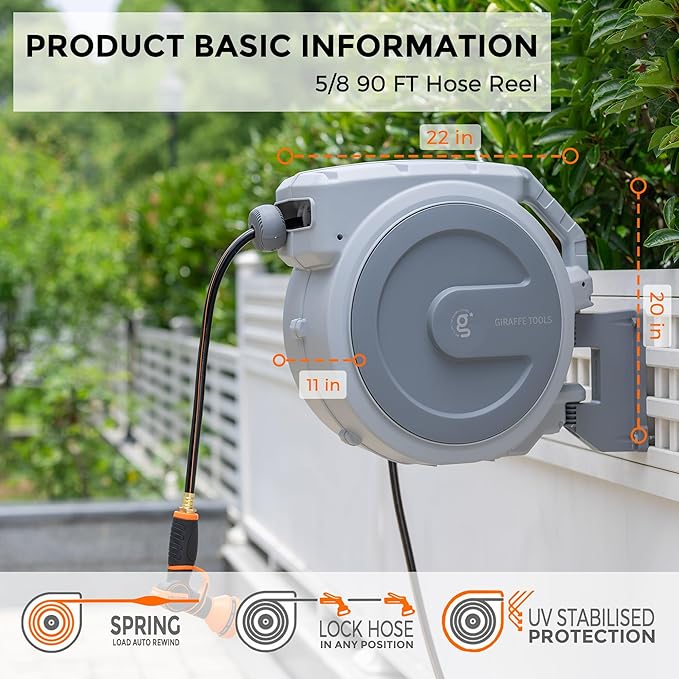 Giraffe Tools Retractable Garden Hose Reel 5/8 in x 90 ft Heavy Duty Hose Reel With 9 Pattern Nozzle Any Length Lock Wall Mount Water Hose Reel 180°Swivel Light Grey