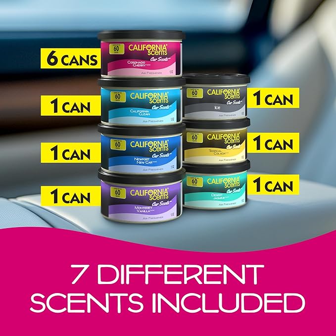 California Scents Can Air Freshener and Odor Neutralizer Set of 12 Spillproof Cans for Home and Car Assorted Scents 1.5 Oz Each (Packaging May Vary)