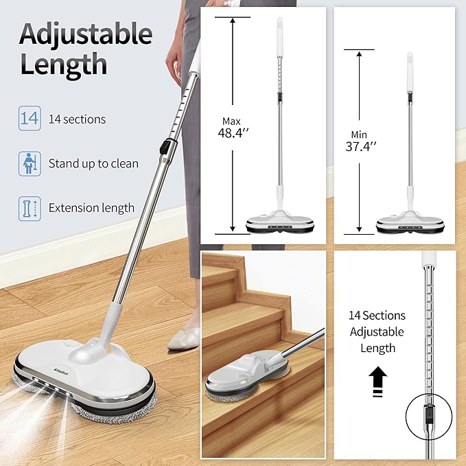 Electric Mop AlfaBot WS-24 Cordless Spin Mop for Floor Cleaning Lightweight &amp Rechargeable Floor Cleaner with Water Sprayer and LED Headlight for Hardwood and Tile Floors White