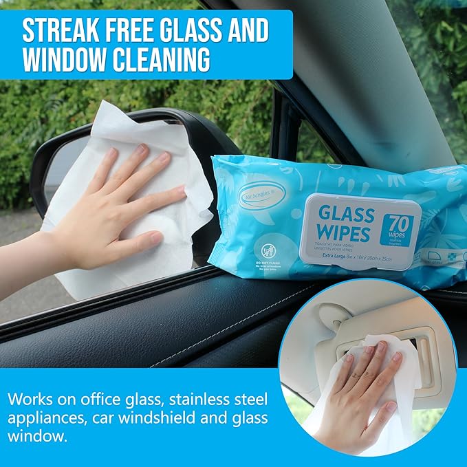 Air Jungles Bundle: Glass &amp Window Cleaner Wipes (70 Count) + 3-in-1 Leather Cleaner Wipes (70 Count) Extra Large 8 x 10